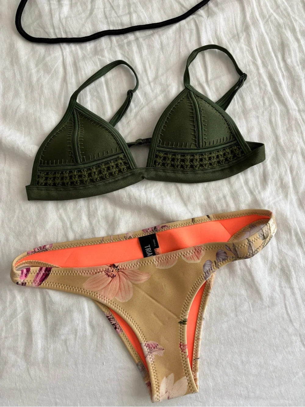 triangl swimwear Olive Green Crochet Triangle Top with Floral Tan Bikini Bottom
